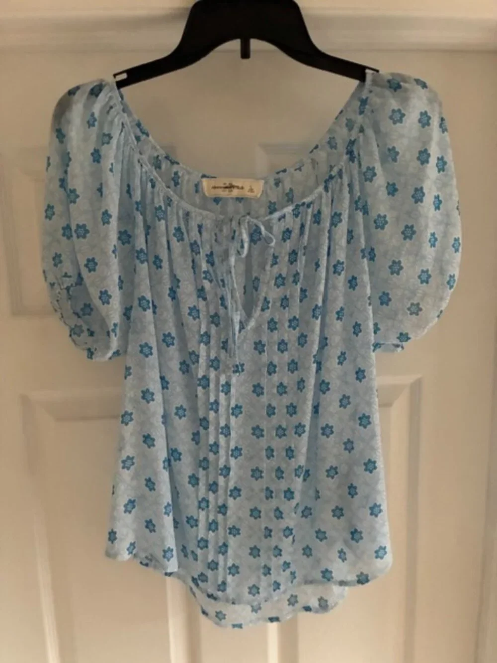Abercrombie & Fitch Blue Floral Puff Sleeve Pleated Tie Front Semi Sheer
